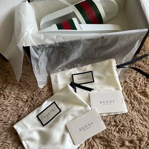 Gucci White Slides with Red and Green Stripes